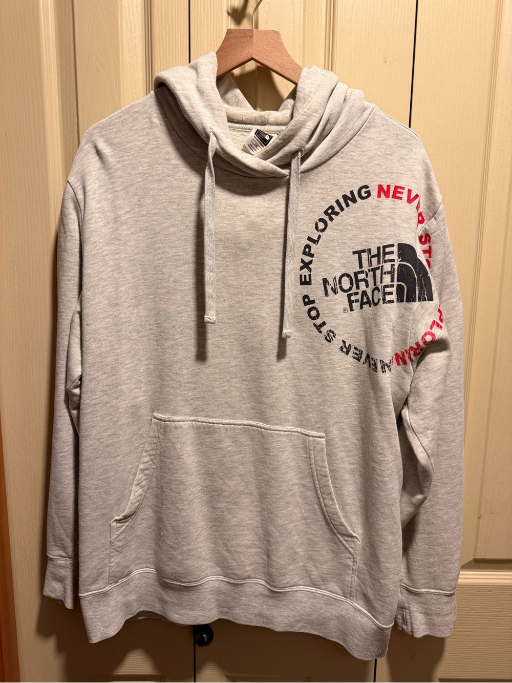 The North Face Men’s Heather Light Gray Hoodie with Black & Red Logo